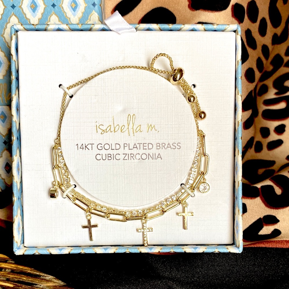 Isabella M- Gold Plated Bracelet with Cross Charms w FREE earrings or hair clips